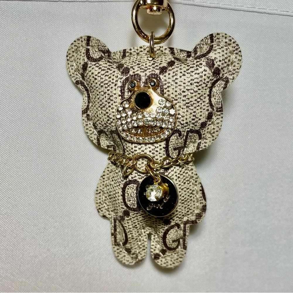 Bag Charm- Crystal Face Fashion Bear Keychain/Bag Charm in Beige Logo Print,NWOT - Picture 6 of 8